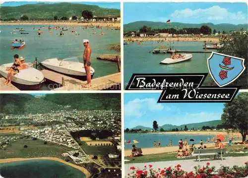 AK / Ansichtskarte Hemsbach  Bergstrasse Luftaufnahme Weinort Wiesensee Bootsanleger Badestrand