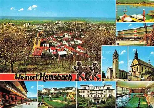 AK / Ansichtskarte Hemsbach  Bergstrasse Stadtpanorama Baumbluete Freibad Schule Kirche Strassenpartie Minigolf Rathaus Hallenbad