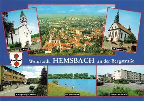 AK / Ansichtskarte Hemsbach  Bergstrasse Panorama Weinstadt Kirche Koenigsberger Strasse Wiesensee Gleiwitzer Strasse