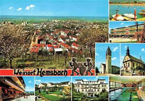 AK / Ansichtskarte Hemsbach  Bergstrasse Panorama Weinort Baumbluete Wiesensee Kirche Hallenbad Minigolf Rathaus