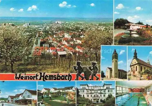 AK / Ansichtskarte Hemsbach  Bergstrasse Panorama Weinort Baumbluete Kirche Kiosk Huettenfelder Strasse Minigolf Rathaus Hallenbad