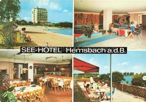 AK / Ansichtskarte Hemsbach  Bergstrasse See-Hotel Restaurant Terrasse Hallenbad Badestrand am Wiesensee