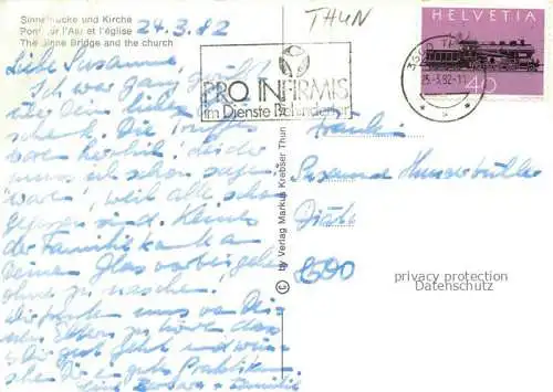 AK / Ansichtskarte THUN_Thoune_BE Sinnebruecke Blick zur Kirche Kuenstlerkarte 