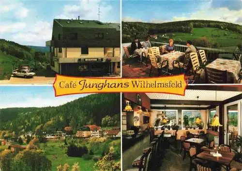 AK / Ansichtskarte Wilhelmsfeld Café Junghans Terrasse Gastraum Ortsansicht
