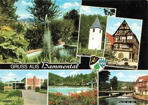 AK / Ansichtskarte Bammental Heidelberg BW Park Alter Turm Fachwerkhaus Schule Waldschwimmbad Partie an der Elsenz