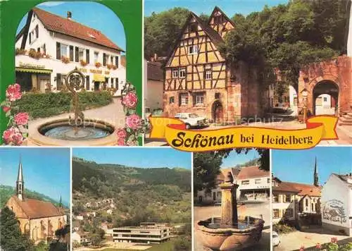 AK / Ansichtskarte Schoenau Heidelberg Odenwald Brunnen Fachwerkhaus Kirche Teilansichten