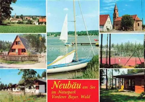 AK / Ansichtskarte Neubaeu am See Roding Bayern Teilansichten Kirche Bungalows Tennisplatz Uferpartie am See