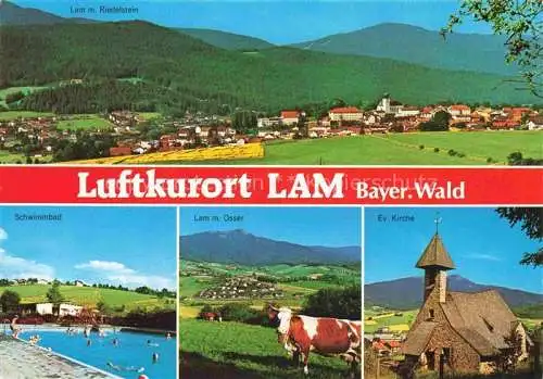 AK / Ansichtskarte Lam Oberpfalz Panorama Blick gegen Riedelstein Freibad Osser Kirche