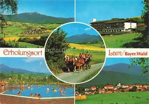 AK / Ansichtskarte Lam Oberpfalz Panorama Freibad Pferdewagen Ortsansicht mit Kirche