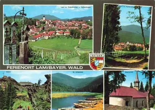 AK / Ansichtskarte Lam Oberpfalz Ansicht mit Totenbretter und Hohenbogen Waldpartie Osser Arbersee Maia-Hilf Kirche