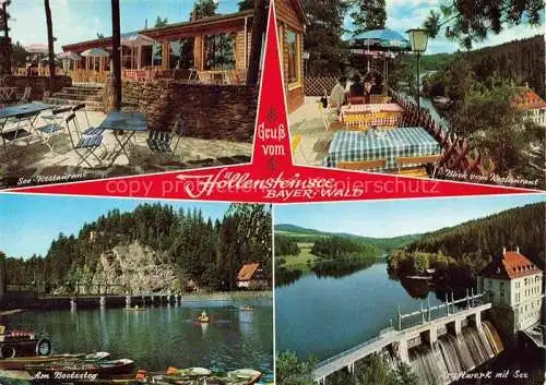 AK / Ansichtskarte Hoellensteinsee Viechtach Regen Bayern See-Restaurant Terrasse Bootssteg Stausee Kraftwerk