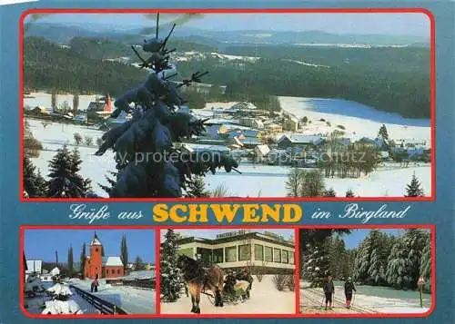 AK / Ansichtskarte Schwend Birgland Oberpfalz Amberg-Sulzbach Bayern Winterpanorama Kirche Hotel Pferdeschlitten Wintersport