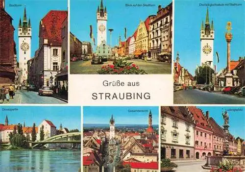 AK / Ansichtskarte Straubing Stadtturm Ludwigsplatz Brunnen Dreifaltigkeitssaeule Donaupartie