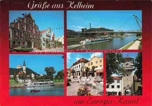 AK / Ansichtskarte Kelheim Donau Motive Stadtzentrum Strassencafés Stadtturm Donau Fahrgastschiff