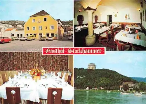 AK / Ansichtskarte Kelheim Donau Gasthof Stockhammer Restaurant Blick ueber die Donau zur Befreiungshalle