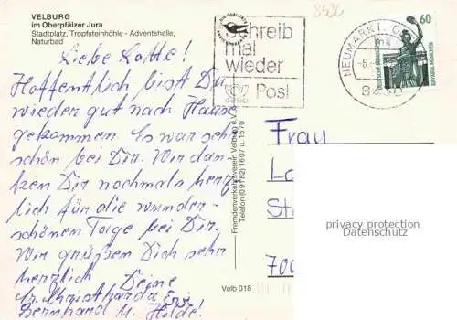 AK / Ansichtskarte Velburg Neumarkt Bayern Stadtplatz Tropfsteinhoehle Adventshalle Naturbad Badestrand