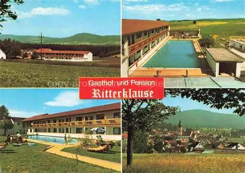 AK / Ansichtskarte Eslarn Gasthof Pension Ritterklause Swimming Pool Ortsansicht mit Kirche
