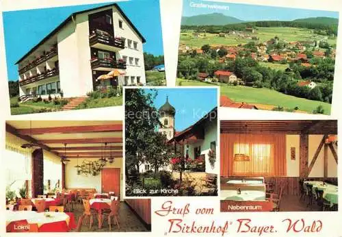 AK / Ansichtskarte Grafenwiesen Cham Bayern Café Pension Birkenhof Lokal Kirche Panorama Bayerischer Wald