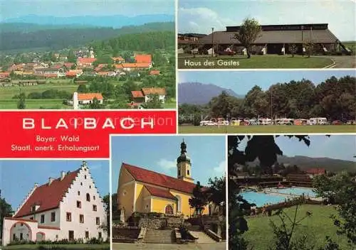 AK / Ansichtskarte Blaibach Cham Bayern Panorama Haus des Gastes Campingplatz Kirche Freibad