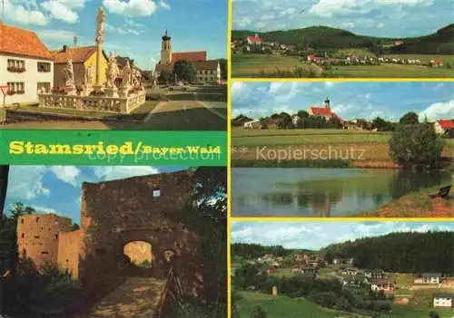 AK / Ansichtskarte Stamsried Cham Bayern Ortszentrum Kirche Burgruine Panorama See