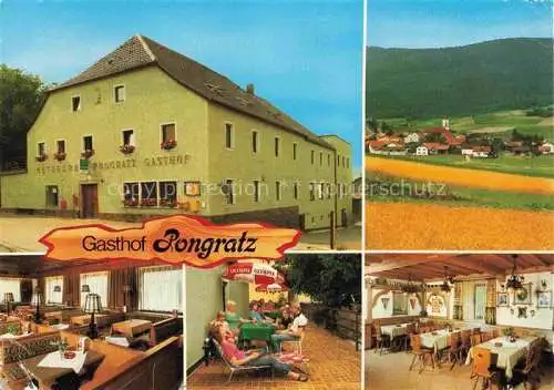 AK / Ansichtskarte Gleissenberg Oberpfalz Gasthof Pension Pongratz Gastraum Terrasse Landschaftspanorama