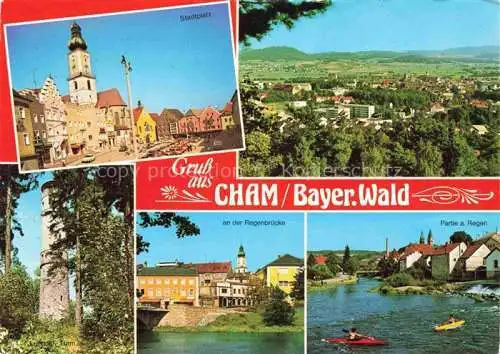 AK / Ansichtskarte Cham  Oberpfalz Panorama Stadtplatz Luitpold Turm Partie am Regen Bruecke