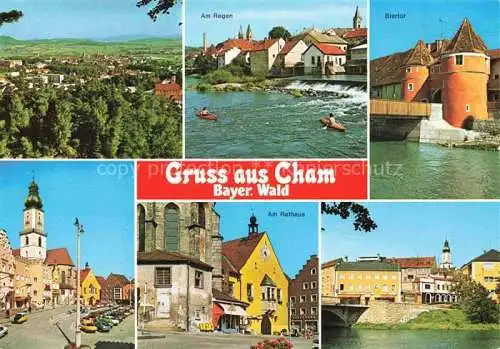 AK / Ansichtskarte Cham  Oberpfalz Panorama Partie am Regen Biertor Stadtplatz Kirche Rathaus