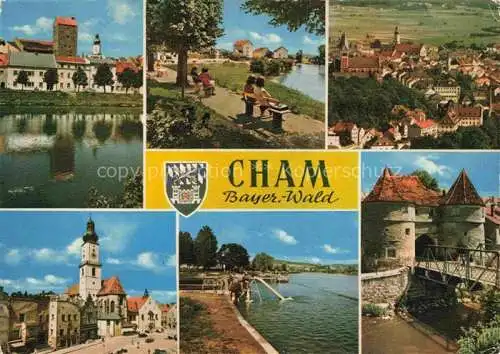 AK / Ansichtskarte Cham  Oberpfalz Partie am Regen Uferpromenade Stadtplatz Kirche Bruecke Stadttor
