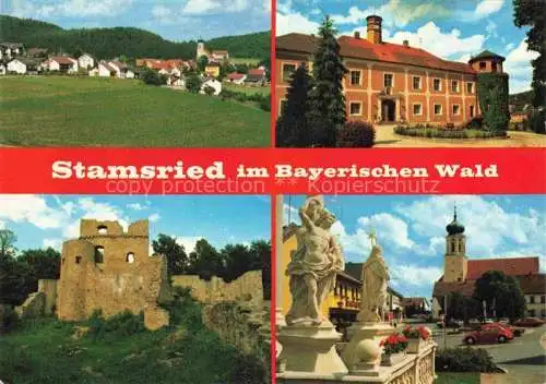 AK / Ansichtskarte Stamsried Cham Bayern Panorama Urlaubsort Bayerischer Wald Stadtplatz Kirche Burgruine