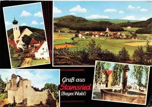AK / Ansichtskarte Stamsried Cham Bayern Panorama Kirche Brunnen Burgruine