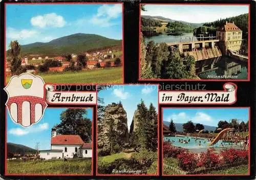 AK / Ansichtskarte Arnbruck Panorama Hoellensteinsee Kraftwerk Kirche Felsformationen Freibad