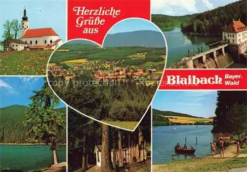 AK / Ansichtskarte Blaibach Cham Bayern Panorama Waldpartie Badestrand Kirche Kraftwerk Hoellensteinsee