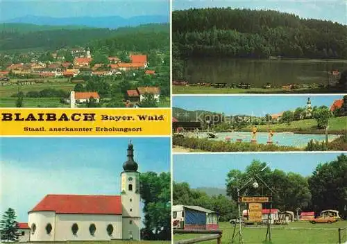 AK / Ansichtskarte Blaibach Cham Bayern Panorama Wallfahrtskirche Maria Himmelfahrt Weissenregen Freibad Campingplatz See