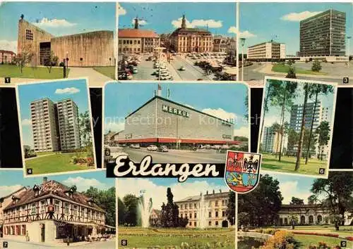 AK / Ansichtskarte ERLANGEN Kirche Palais Stutterheim Siemens-Schuckert-Werke Hochhaus Kaufhaus Merkur Café Mengin Hugenottenbrunnen Schloss Orangerie