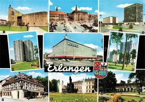 AK / Ansichtskarte ERLANGEN Kirche Palais Stutterheim Siemens-Schickert-Werke Hochhaus Kaufhaus Merkur Café Mengin Hugenottenbrunnen Schloss Orangerie