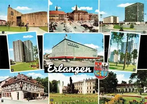 AK / Ansichtskarte ERLANGEN Kirche Palais Stutterheim Siemens-Schuckert-Werke Hochhaus Kaufhaus Merkur Café Mengin Hugenottenbrunnen Schloss Orangerie