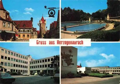 AK / Ansichtskarte Herzogenaurach Bayern Motiv Stadtzentrum Turm Freibad Berufsschule