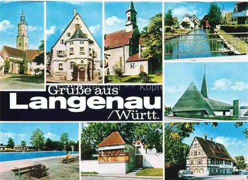 AK / Ansichtskarte Langenau Wuerttemberg Teilansichten Kirche Partie am Wasser Freibad