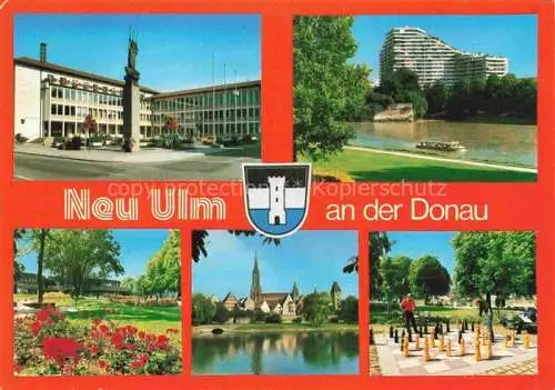 AK / Ansichtskarte NEU-ULM Bayern Teilansichten Hochhaus Parkanlagen Bodenschach Blick ueber die Donau nach Ulm Muenster