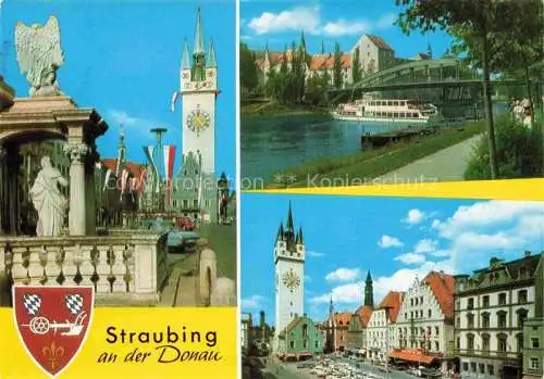 AK / Ansichtskarte Straubing Stadtturm Theresienplatz Ludwigsplatz Schloss Donau Fahrgastschiff
