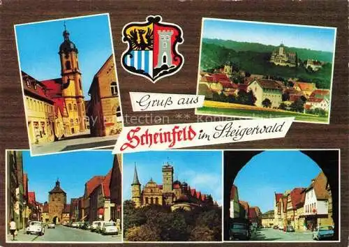 AK / Ansichtskarte Scheinfeld Steigerwald Bayern Motive Altstadt Kirche Burg Panorama Wappen