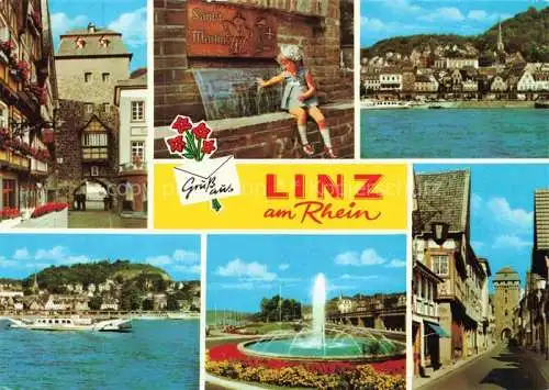 AK / Ansichtskarte Linz Rhein Rheinland-Pfalz Stadttor St Martin Rheinpartien Springbrunnen