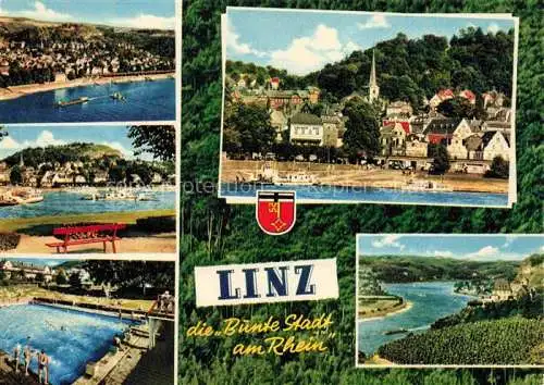 AK / Ansichtskarte Linz Rhein Rheinland-Pfalz Rheinpartien Schwimmbad Stadtblick