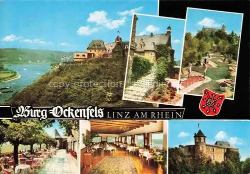 AK / Ansichtskarte Linz Rhein Rheinland-Pfalz Burg Ockenfels Minigolf Terrasse Gastraum Rheinpartie