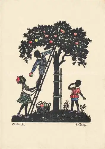 AK / Ansichtskarte Scherenschnitt-AK Schattenbildkarte Shadowbolt Antonie Preuss Bad Doberan Apfelbaum Kinder