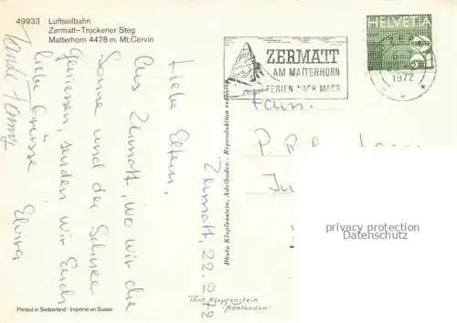 AK / Ansichtskarte ZERMATT_VS Luftseilbahn Zermatt Trockener Steg Matterhorn Zermatt_VS