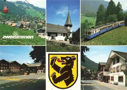 AK / Ansichtskarte Zweisimmen_BE Seilbahn Kirche Zug Strassenpartien 