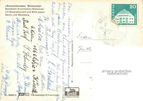AK / Ansichtskarte Krummenau__Toggenburg_SG Sonnenterrasse Wolzenalp Sportbahn mit Bergrestaurant Saentis und Stockberg 