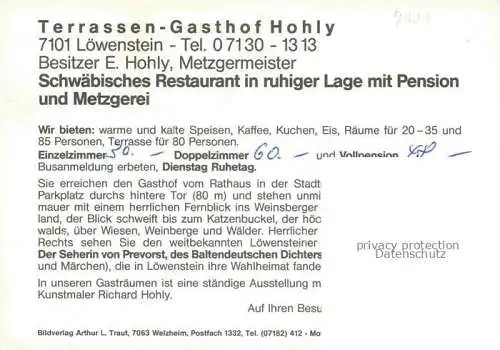 AK / Ansichtskarte Loewenstein Heilbronn BW Panorama Gasthof Hohly Gastraum Terrasse