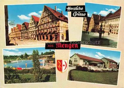 AK / Ansichtskarte Mengen  Wuerttemberg Motive Stadtzentrum Fachwerkhaeuser Freibad Bahnhof